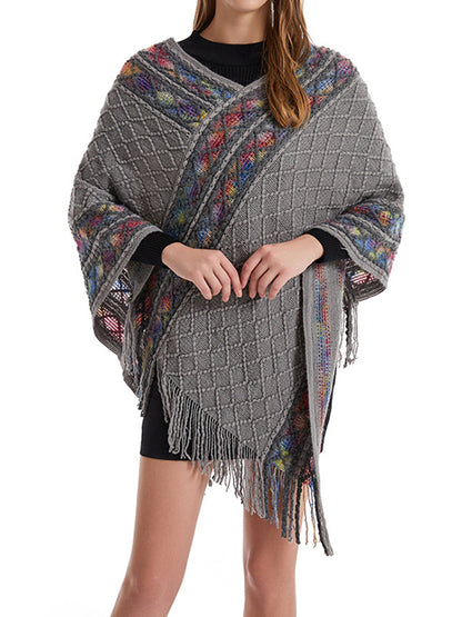 flowersverse Asymmetric Tasseled Loose V-Neck Shawl&Cloak Cape