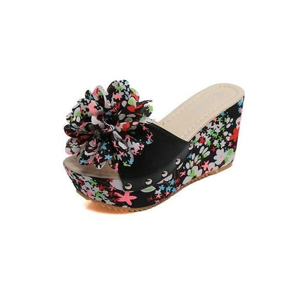 flowersverse Women Thick Floral Flower Wedge Sandals High Heel Slipper Sandal Shoes