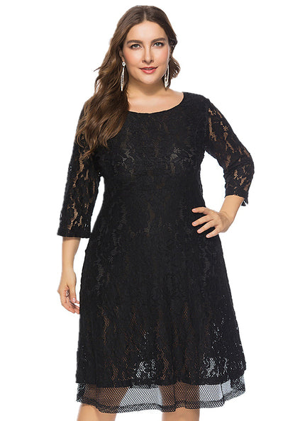 flowersverse Summer Fall Plus Size Women's Round Neck Lace Dress