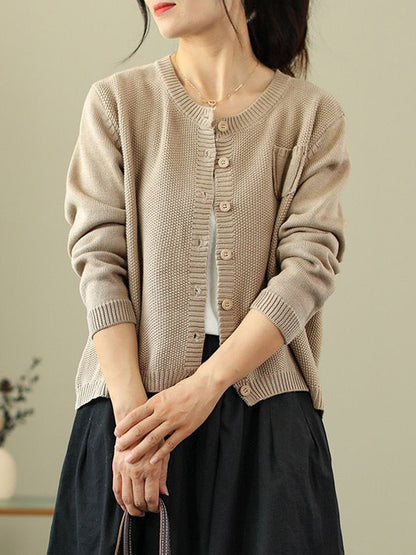 flowersverse Simple Loose Long Sleeves Buttoned Solid Color Round-Neck Cardigan Tops