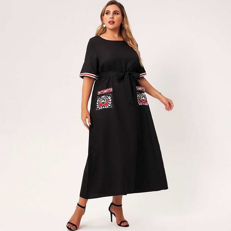 flowersverse Summer Maxi Dress Women Plus Size Black Loose Pockects Plant Hand-painted Print Striped Short Sleeve Large Party Robes