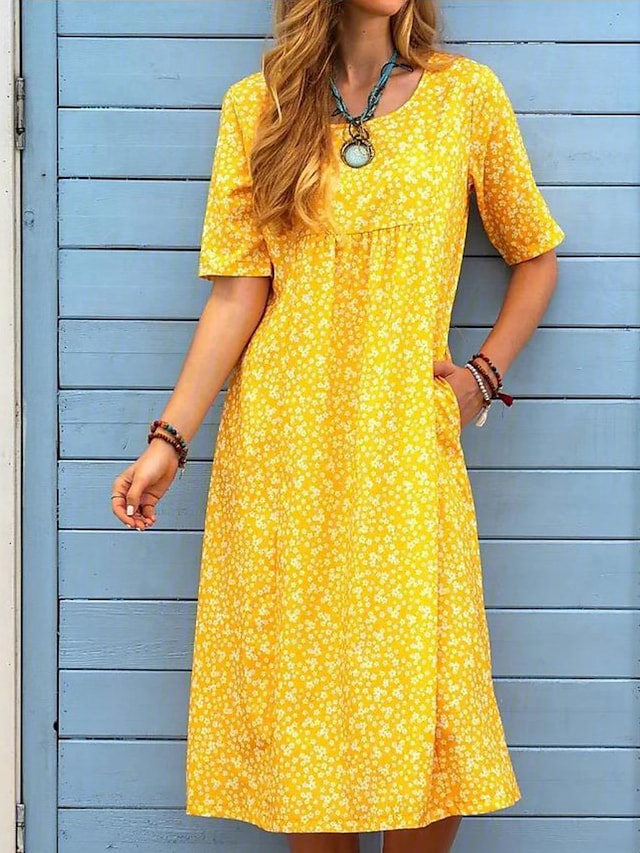 flowersverse Women's Casual Dress Floral Dress Print Dress Floral Pocket Print U Neck Midi Dress Active Fashion Outdoor Daily Short Sleeve Loose Fit Yellow Blue Orange Spring Summer S M L XL XXL