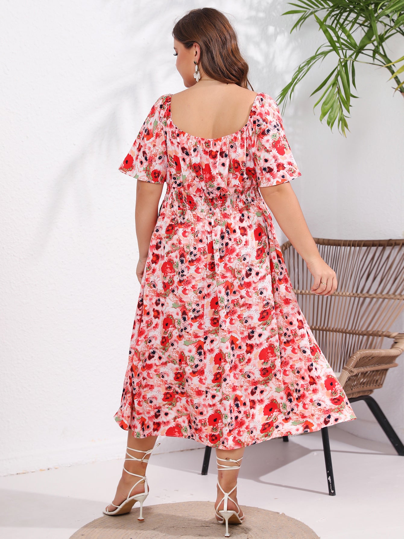 flowersverse Summer Plus Size Women's Square Neck Short Sleeve Casual Trendy Floral Dress