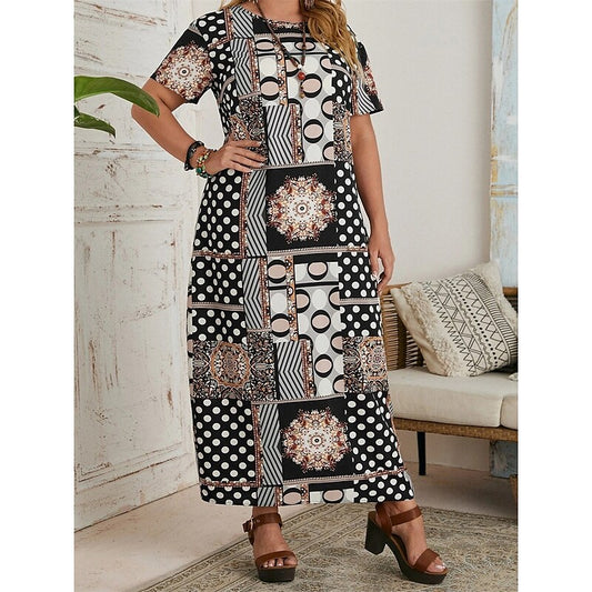 flowersverse Women's Plus Size Casual Dress Shift Dress Floral Geometric Long Dress Maxi Dress Short Sleeve Print Crew Neck Fashion Daily Black Summer Spring L XL XXL 3XL 4XL