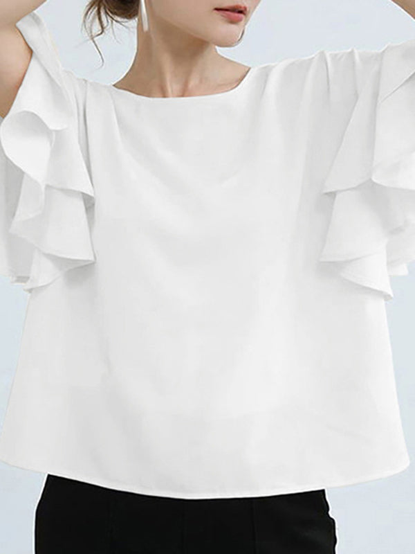 flowersverse Solid Color Flying Sleeves Loose Round-neck Blouses&shirts Tops