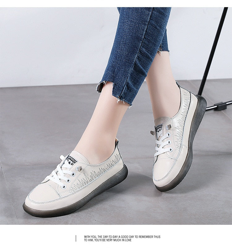 flowersverse Women's Leather Sneakers Women Casual Fashionable Sports Shoes Vulcanized Woman Summer Flat Shoe Ladies White Lacing 40