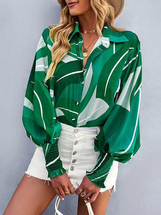 flowersverse Buttoned Elasticity Printed Long Sleeves Loose Lapel Blouses&Shirts Tops