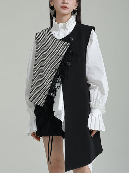 flowersverse Asymmetric Buttoned Houndstooth Ruffle Sleeves Sleeveless Vest Outerwear