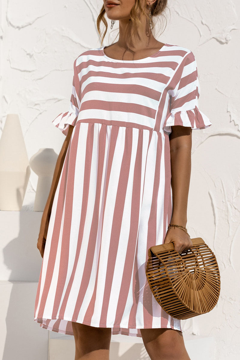 flowersverse Fashion Casual Striped Patchwork O Neck A Line Dresses