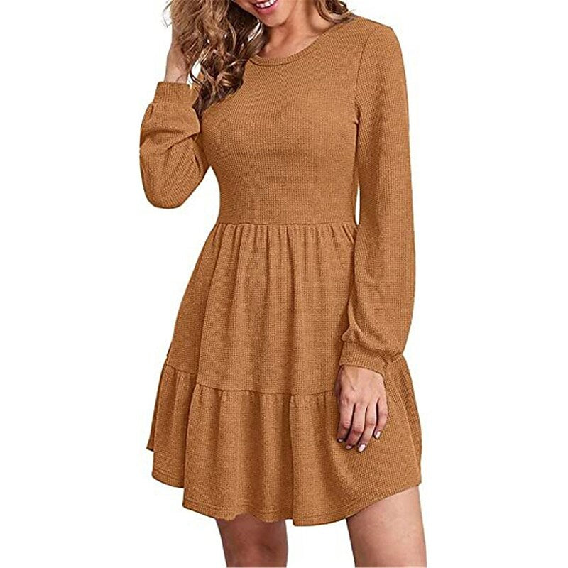 flowersverse Women's Casual Dress Sheath Dress Semi Formal Dress Plain Ruffle Crew Neck Mini Dress Basic Outdoor Daily Long Sleeve Regular Fit Black Red Light Brown Fall Spring S M L XL XXL