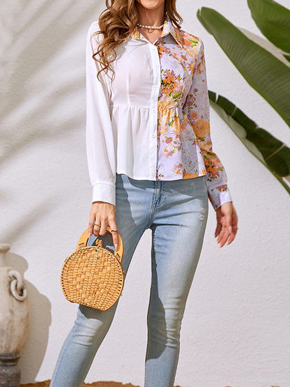 flowersverse Asymmetric Flower Print Split-Joint Wrap Shirts Tops Blouses&shirts Tops