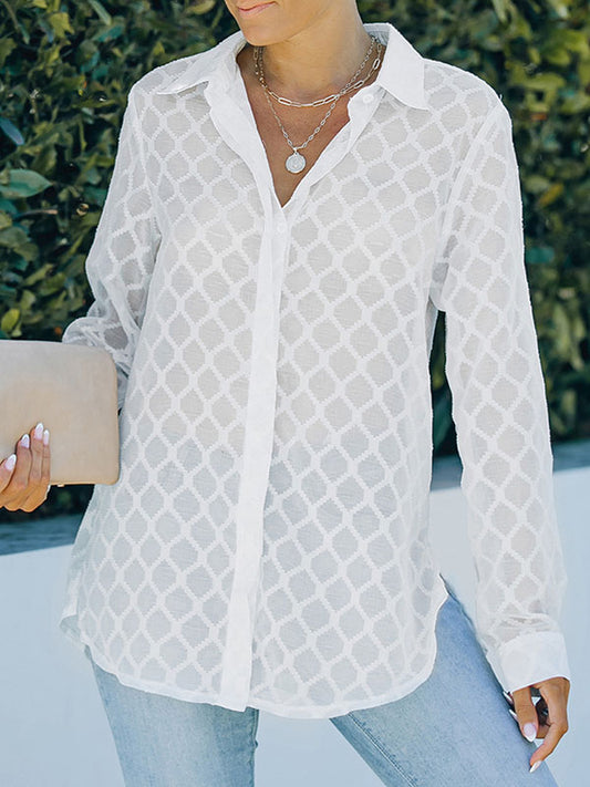 flowersverse Casual Long Sleeves Loose Buttoned See-Through Solid Color Lapel Collar Blouses&Shirts Tops