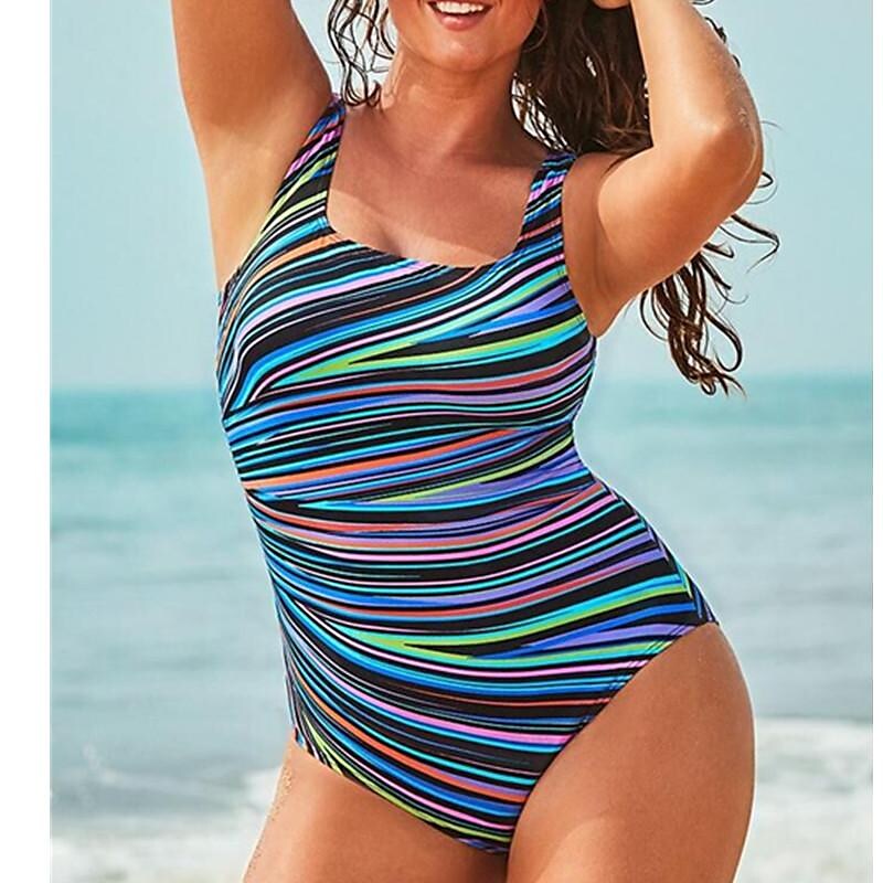 flowersverse Women's Swimwear One Piece Normal Swimsuit Printing Striped Blue Bathing Suits Sports Summer