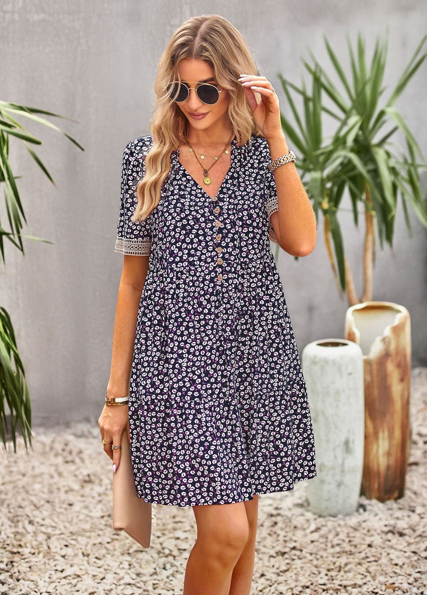 flowersverse Floral Buttoned Puff Sleeve Dress