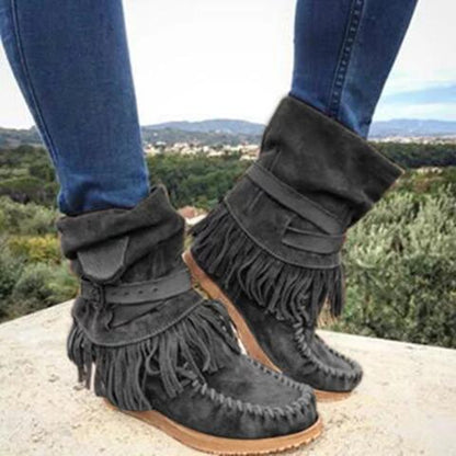 flowersverse Fashion Belt Buckles Tassel Boots