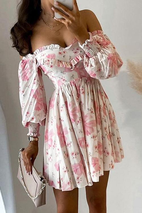 flowersverse Floral Print Off Shoulder Mini Dress