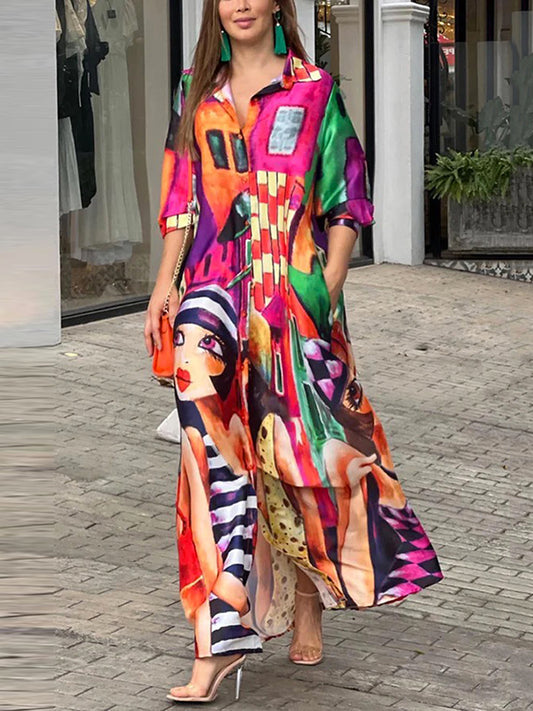 flowersverse Half Sleeves Loose Figure Printed Lapel Collar Maxi Dresses