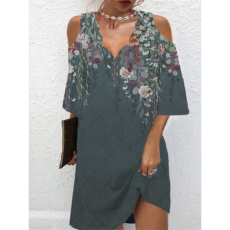 flowersverse Women's Casual Dress Shift Dress Print Dress Floral Cut Out Print V Neck Mini Dress Active Fashion Outdoor Daily Half Sleeve Regular Fit Blue Green Khaki Spring Summer S M L XL XXL