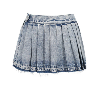 flowersverse Women High Waist Pleated Denim Skirt