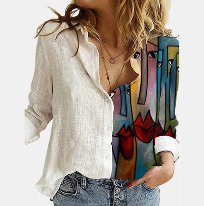 flowersverse 5XL 3D Digital Portrait Letter Printing Casual Women Blouse Oversized Spring Autumn Loose Button Cardigan Long Ladies Shirt New