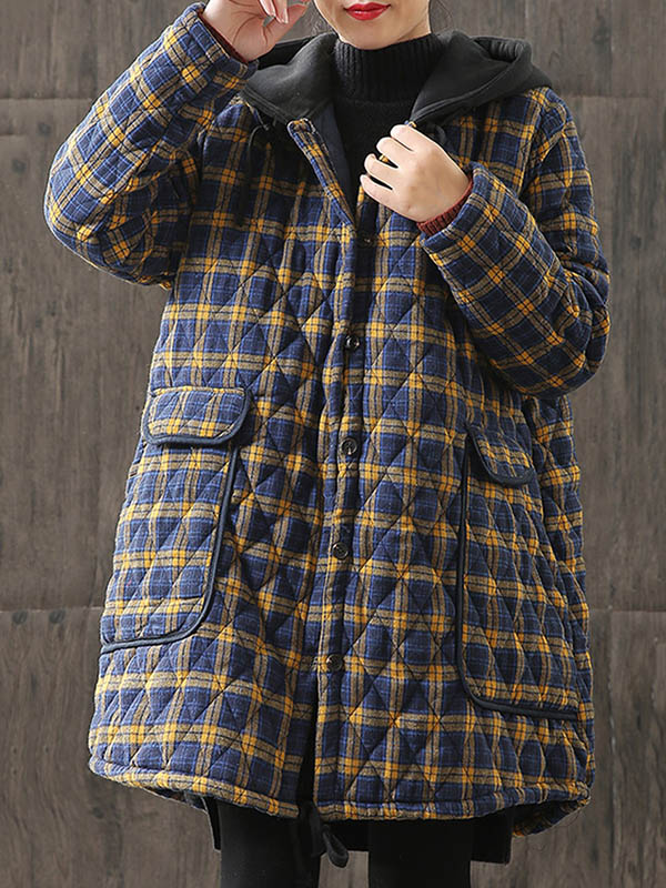 flowersverse Vintage Loose Plaid Quilted Hooded Padded Coat