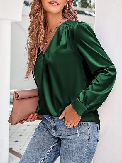 flowersverse Loose Pleated Solid Color V-Neck Blouses&shirts Tops