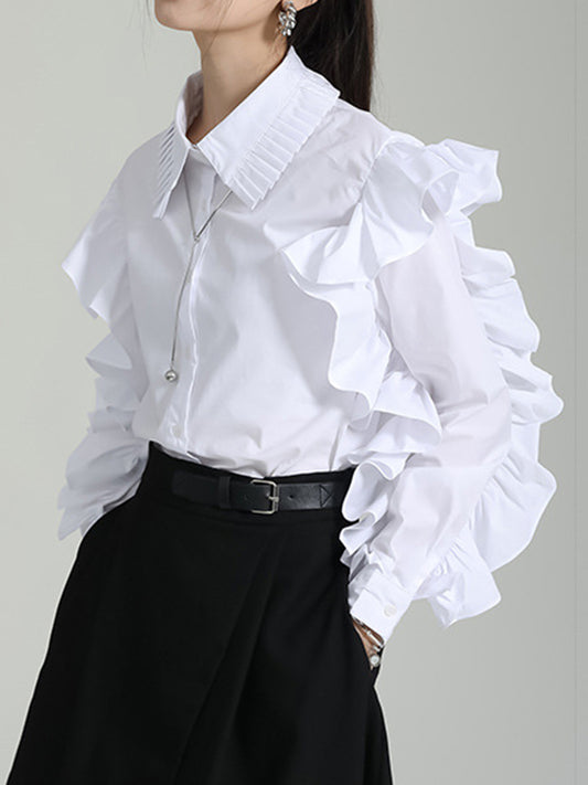 flowersverse Falbala Pleated Solid Color Long Sleeves Lapel Blouses&shirts Tops