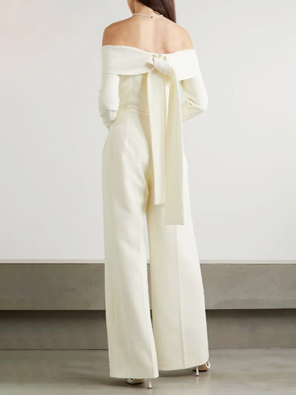 flowersverse Pleated Solid Color Split-Joint Tied High Waisted Long Sleeves Off-The-Shoulder Jumpsuits