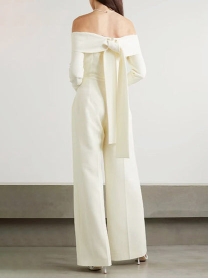 flowersverse Pleated Solid Color Split-Joint Tied High Waisted Long Sleeves Off-The-Shoulder Jumpsuits