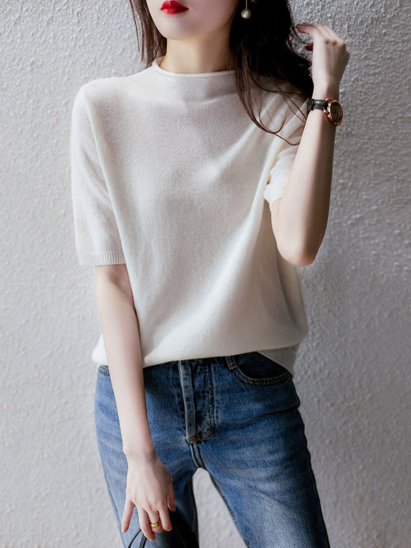 flowersverse Simple Solid Color Round-Neck Short Sleeves Sweater