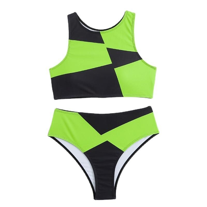 flowersverse Women's Swimwear Bikini Normal Swimsuit 2 Piece Printing Color Block Green Khaki Bathing Suits Sports Summer