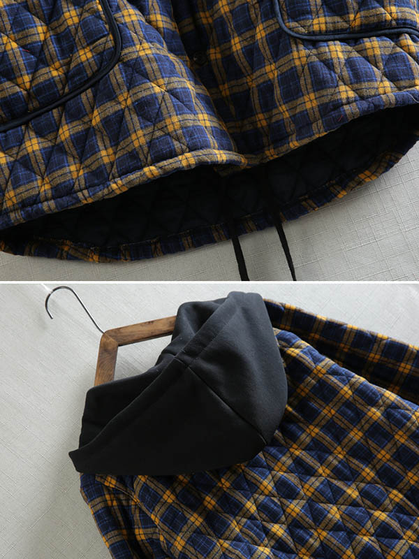 flowersverse Vintage Loose Plaid Quilted Hooded Padded Coat