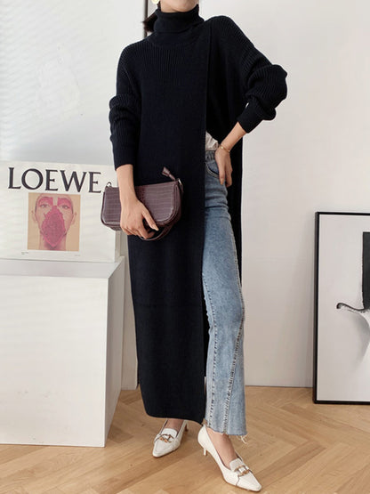 flowersverse Original Loose Solid Color Split-Front Sweater Dress