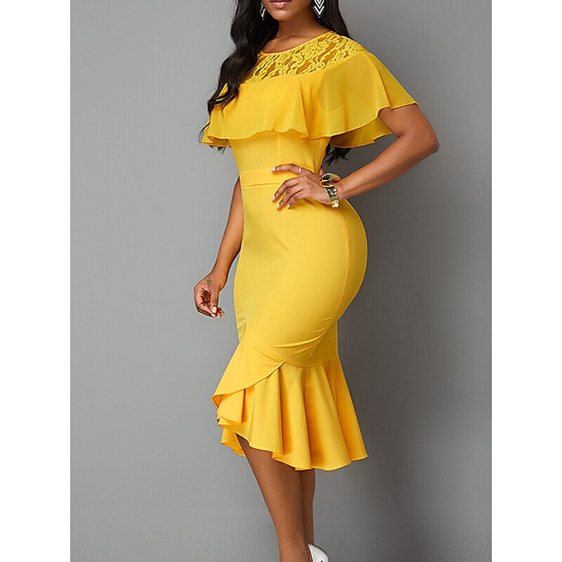 flowersverse Women's Work Dress Sheath Dress Semi Formal Dress Fashion Midi Dress Ruched Ruffle Crew Neck Short Sleeve Plain Slim Yellow Blue Spring Summer S M L XL XXL