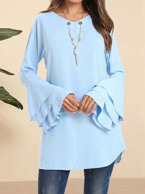 flowersverse Hollow Layered Flared Sleeves Long Sleeves V-Neck Blouses&Shirts Tops