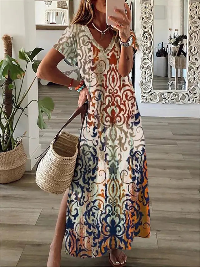 flowersverse Women's Casual Dress T Shirt Dress Tee Dress Shift Dress Long Dress Maxi Dress Black Red Navy Blue Short Sleeve Abstract Print Spring Summer Crew Neck Fashion Daily 2023 S M L XL XXL