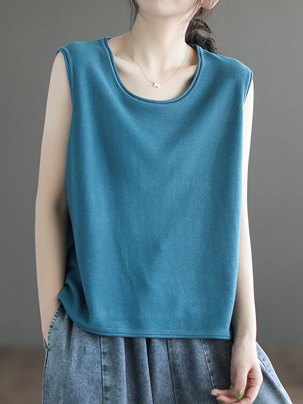 flowersverse Solid Color Loose Sleeveless Round-neck Knitting Vest Top