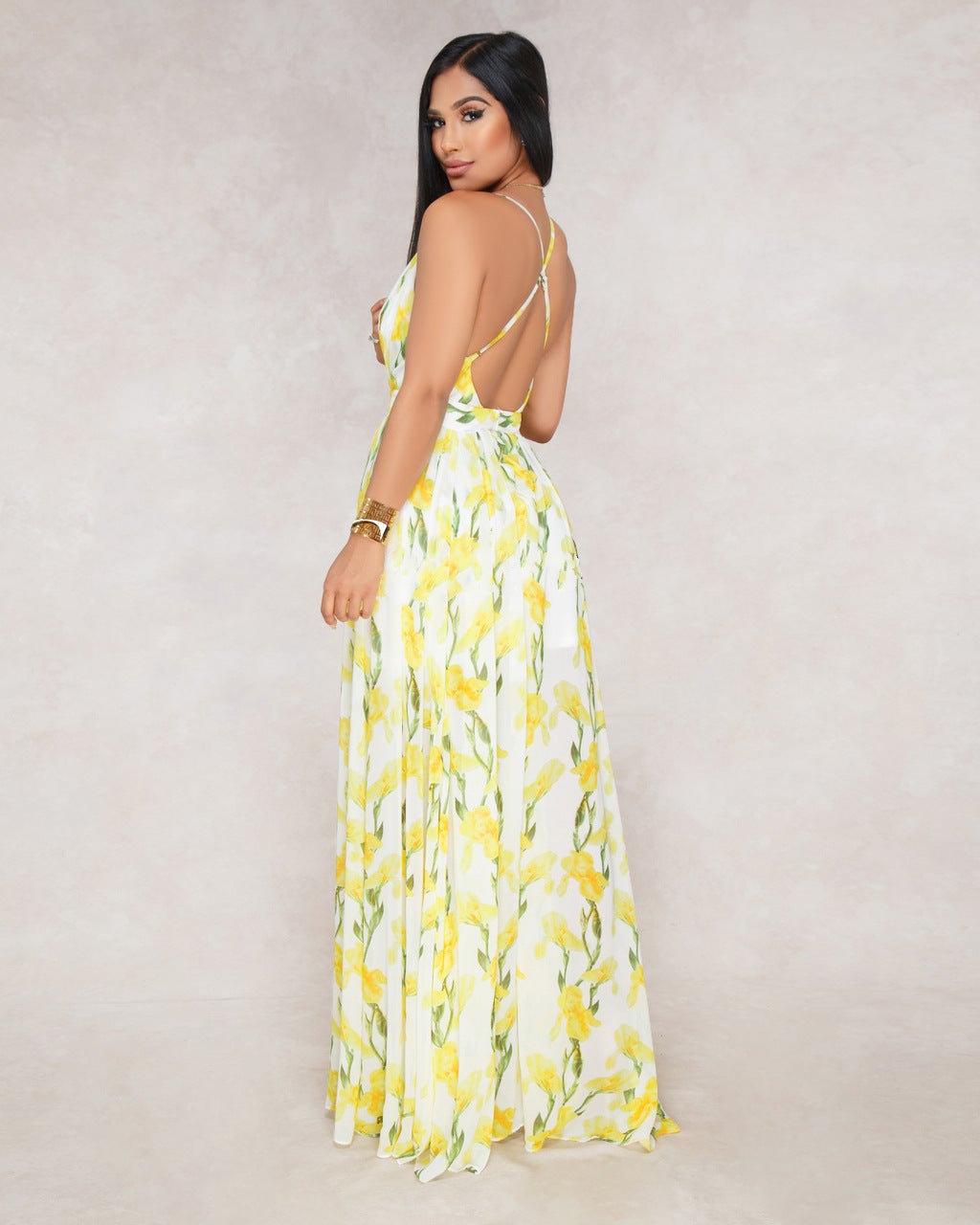 flowersverse European and American Deep V-Neck Back Chiffon Dress