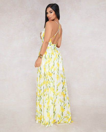 flowersverse European and American Deep V-Neck Back Chiffon Dress