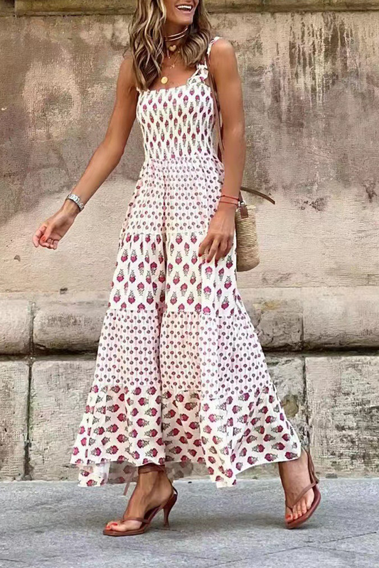 flowersverse Casual Print Flounce Square Collar Cake Skirt Dresses