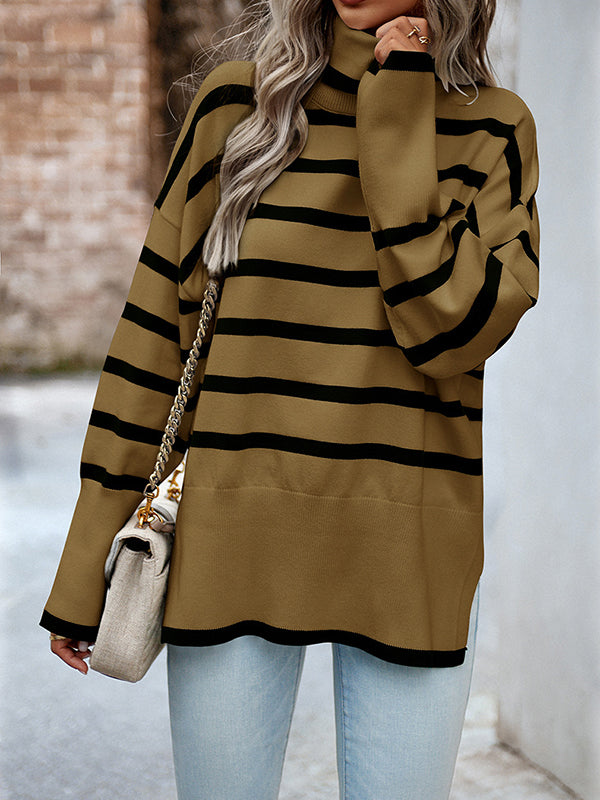 flowersverse Contrast Color Split-Side Striped Long Sleeves Loose High Neck Sweater Tops Pullovers