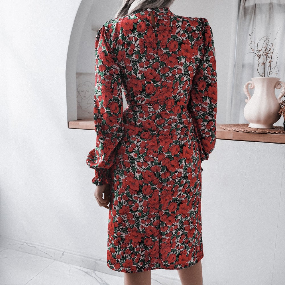 flowersverse Floral Stand Collar Lantern Long Sleeve Chiffon Dress