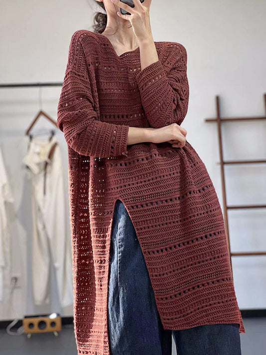 flowersverse Hollow Solid Color Split-front Long Sleeves Loose Round-neck Sweater Tops