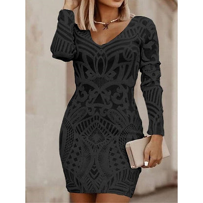 flowersverse Women's Work Dress Sheath Dress Semi Formal Dress Fashion Mini Dress Print V Neck Long Sleeve Floral Geometric Regular Fit Black White Wine Fall Spring S M L XL XXL