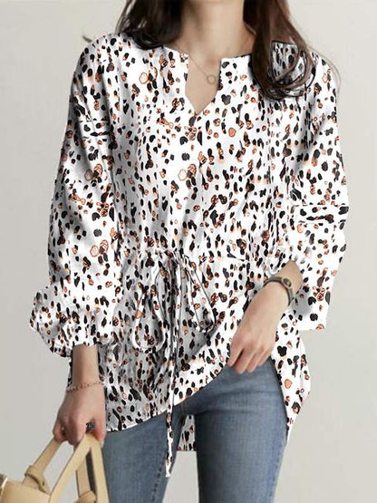 flowersverse Drawstring Elasticity Leopard Tied Long Sleeves Loose V-neck Blouses&shirts Tops