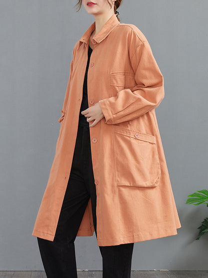 flowersverse Casual Loose Solid Color Buttoned Lapel Collar Long Sleeves Trench Coat