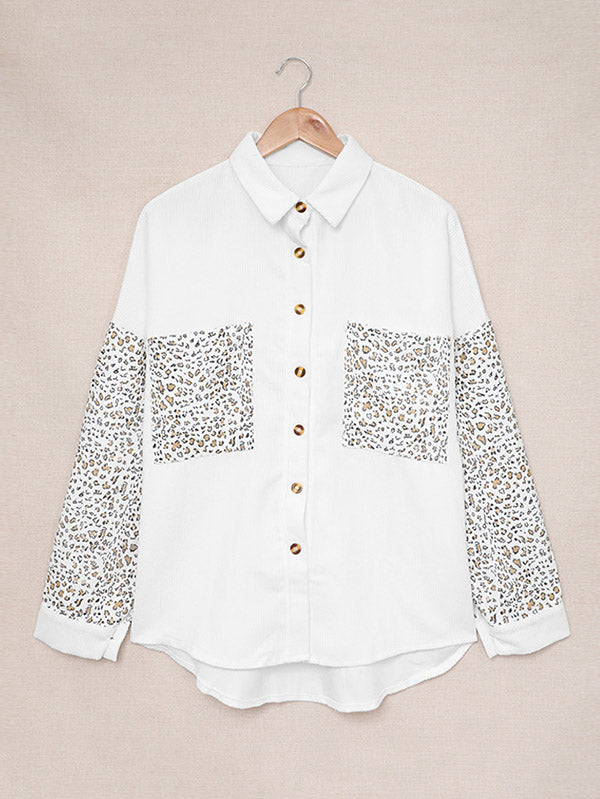 flowersverse Casual Loose Leopard Patchwork Polo Coat