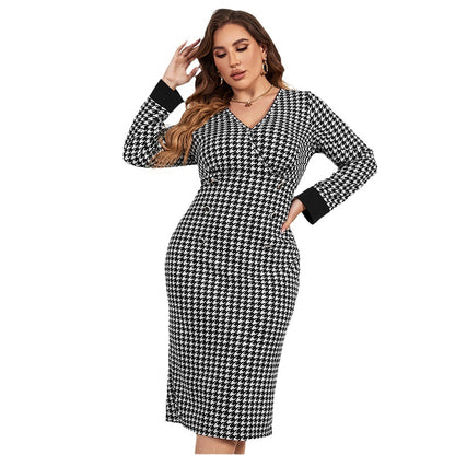 flowersverse Chic Casual V-Neck Houndstooth Contrasting Color Long-Sleeved Women's Dress