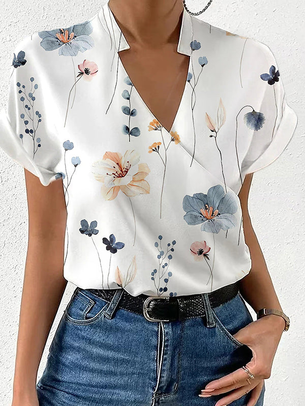 flowersverse Floral Printed Split-Joint Loose Short Sleeves Stand Collar Blouses&Shirts Tops