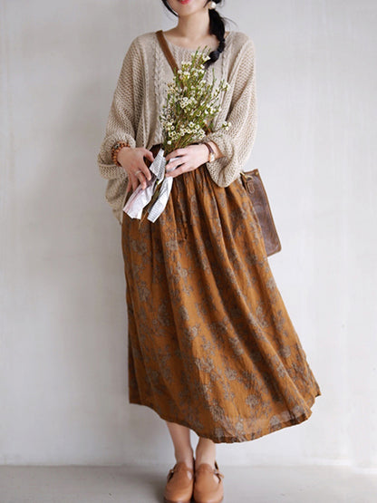 flowersverse Vintage Loose Floral Printed A-Line Skirts Bottom